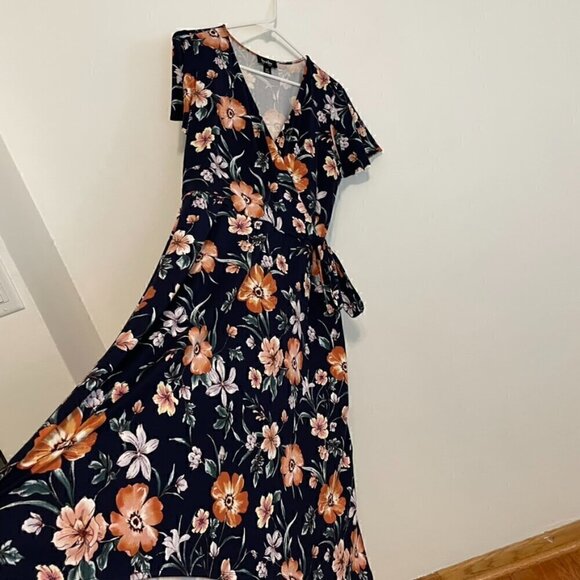 BY & BY / BY&BY Navy Blue Floral Print High Low Hi-Lo Midi Maxi Faux Wrap Dress - Picture 8 of 16